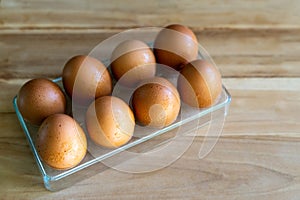 The eight chicken eggs were placed in a plastic box on the floor of a wooden table