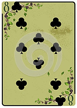 Eight of Clubs playing card. Unique hand drawn pocker card. One of 52 cards in french card deck, English or Anglo-American pattern photo