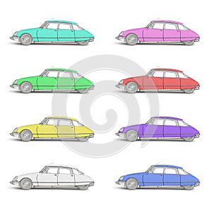 Eight colored Sketches of a Streamlined 1968 French automobile