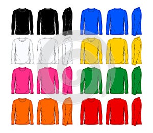 Eight colors long sleeve t shirt design template front side and back view