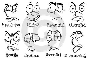 Eight different expressions on human faces