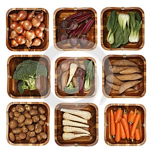 Eight different vegetables in wooden basket