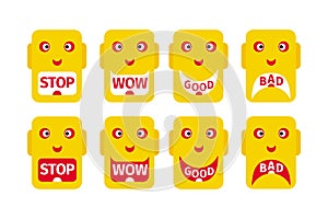 Eight emoticons with different emotions and inscriptions that correspond to emotions: Stop, Wow, Good, Bad.