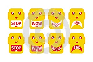 Eight emoticons with different emotions and inscriptions that correspond to emotions: Stop, Wow, Good, Bad. photo