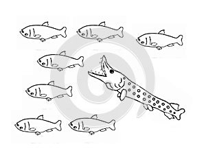 Eight fish, colouring book page uncolored