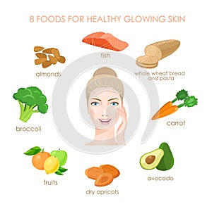 Eight foods for healthy skin. Fresh sources of vitamines. Vector