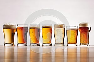 Eight glasses of beer in a row, white background illustration generative ai