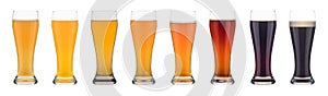 Eight glasses with various beers on a white background.