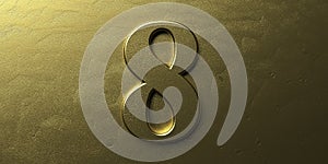 Eight, gold number 8. Shiny digit 8 on golden bright background. 3d illustration