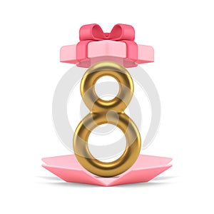 Eight golden number open pink gift box International Womens Day surprise 3d icon realistic vector