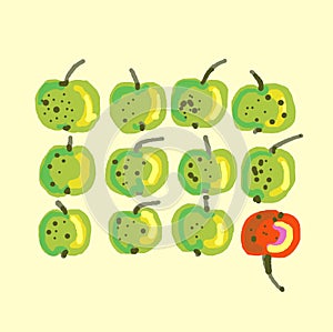 Eight green apples and one red apple on a yellow background