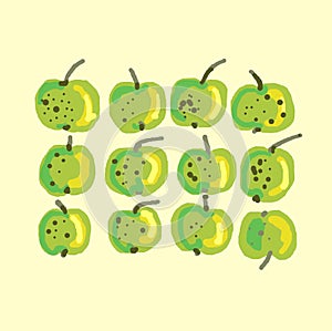 Eight green apples and one red apple on a yellow background