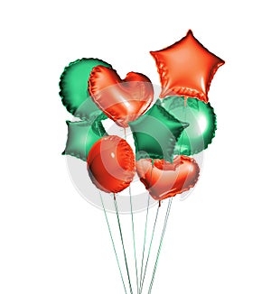 Eight green and red balloons in the shapes of a ball, hearts and stars isolated on white background. 3D rendering