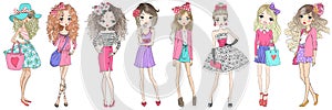 Eight hand drawn beautiful cute cartoon summer fasshion girls.