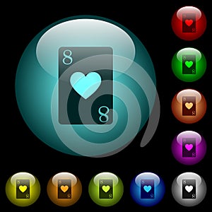 Eight of hearts card icons in color illuminated glass buttons