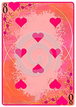 Eight of Hearts playing card. Unique hand drawn pocker card. One of 52 cards in french card deck, English or Anglo-American photo