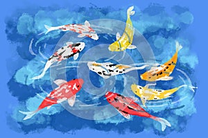 Eight Koi fish, considered lucky, art