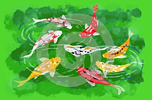 Eight Koi fish, considered lucky, art