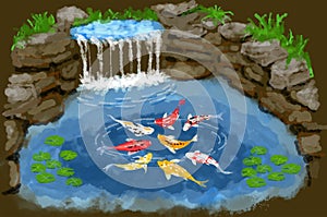 Eight Koi fish, considered lucky, art