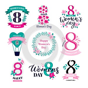 Eight march badges. International Womens Day congratulations, 8 logo and happy woman badge greeting card vector