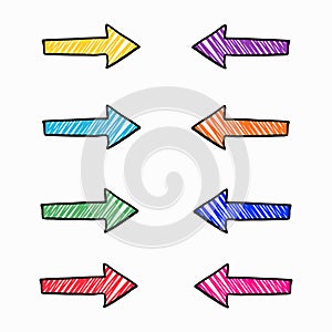 Eight multi-colored arrows drawn by hand and shaded with a pen or felt-tip pen