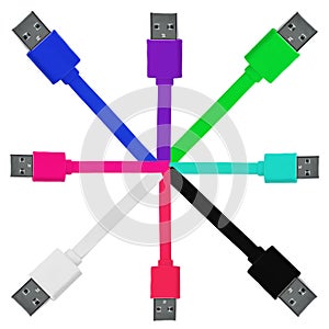 Eight multi-colored usb cables on a white isolated background