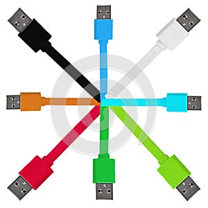 Eight multi-colored usb cables on a white isolated background