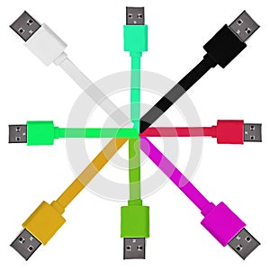 Eight multi-colored usb cables on a white isolated background