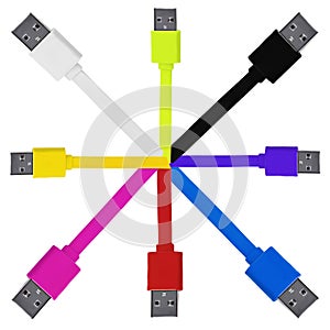 Eight multi-colored usb cables on a white isolated background