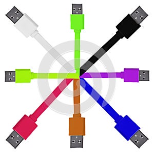 Eight multi-colored usb cables on a white isolated background