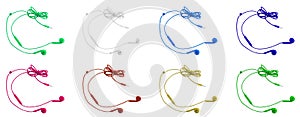 Eight multi-colored vacuum headphones on a white isolated background