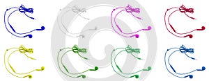 Eight multi-colored vacuum headphones on a white isolated background