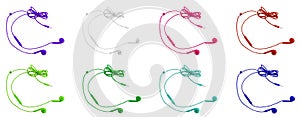 Eight multi-colored vacuum headphones on a white isolated background