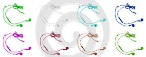 Eight multi-colored vacuum headphones on a white isolated background