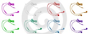 Eight multi-colored vacuum headphones on a white isolated background