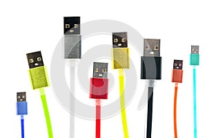 Eight multicolored usb cables are arranged vertically, on a white isolated background. The family unites. future technologies. Hor