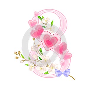 Eight Number Arranged with Blooming Flowers and Hearts as International Women s Day Holiday Attribute Vector