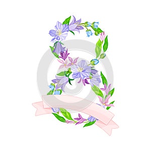 Eight Number Arranged from Blooming Flowers and Ribbon as International Women s Day Holiday Attribute Vector