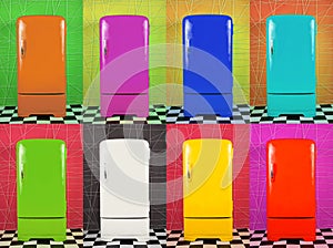 Eight old multi-colored fridges on different backgrounds