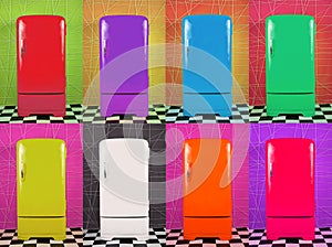 Eight old multi-colored fridges on different backgrounds