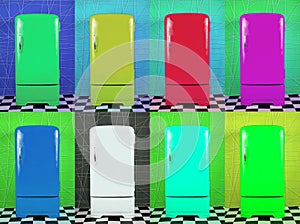 Eight old multi-colored fridges on different backgrounds