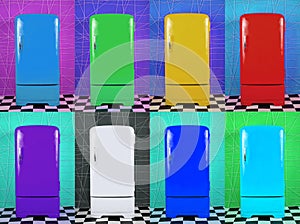 Eight old multi-colored fridges on different backgrounds