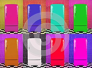 Eight old multi-colored fridges on different backgrounds