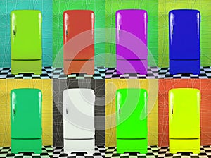 Eight old multi-colored fridges on different backgrounds