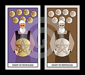 Eight of pentacles. Tarot cards. Craftsman man showing the result of his work, eight freshly chiselled golden pentacles
