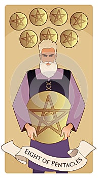 Eight of pentacles. Tarot cards. Craftsman man showing the result of his work, eight freshly chiselled golden pentacles photo