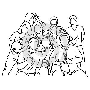 Eight people playing bowling together vector illustration sketch doodle hand drawn with black lines isolated on white background