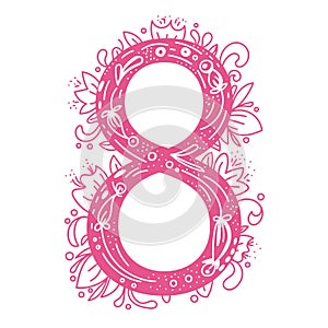 Eight pink in doodle style with flowers. Isolated on white background, March 8, vector illustration