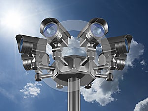 Eight security cameras on sky background. 3D illustration