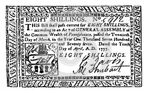 Paper Money, Eight Shillings Bill, 1777 vintage illustration photo